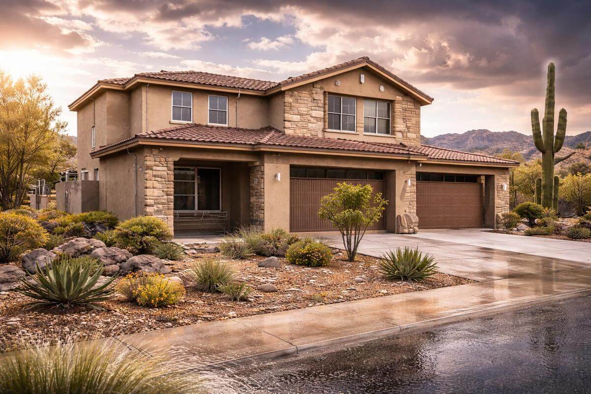 Stucco home at sunset in the Tucson desert